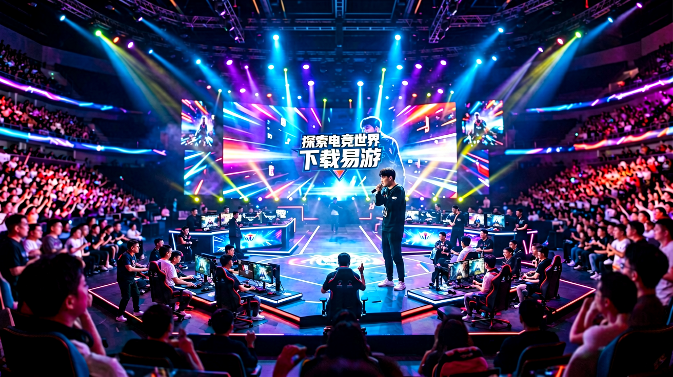 易游电竞平台主视觉，展示大型电竞赛事现场灯光与竞技氛围